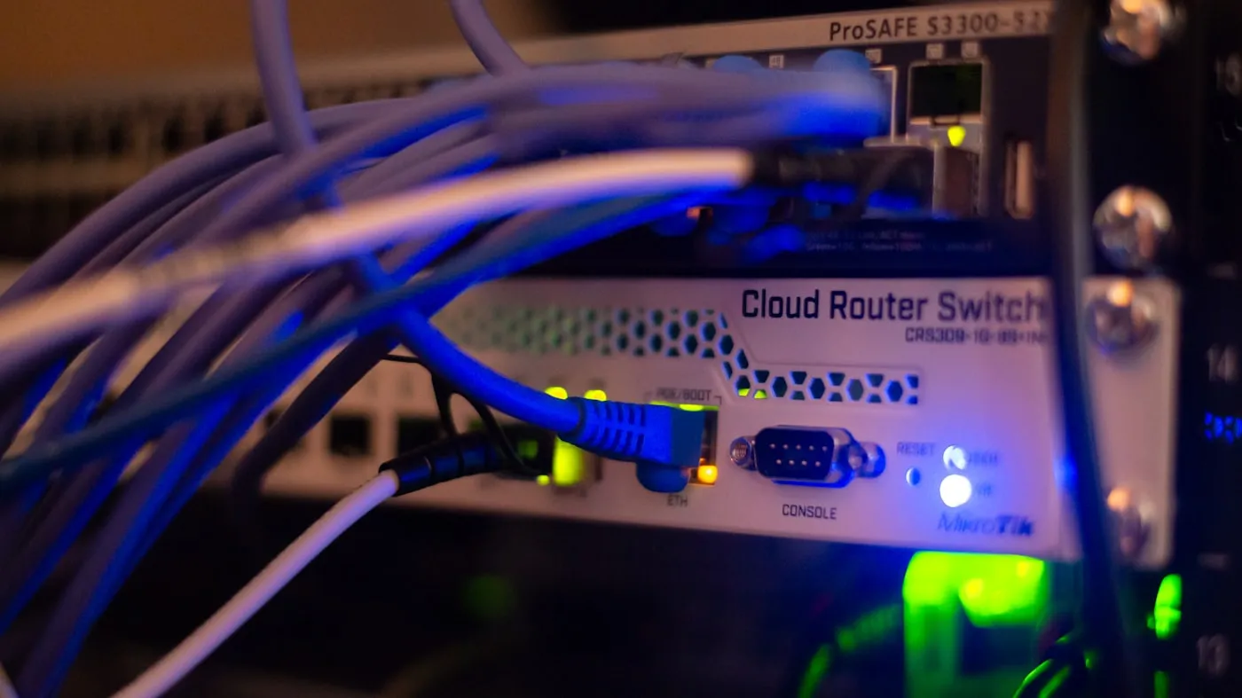 Network switch with patch cables connected in a server rack