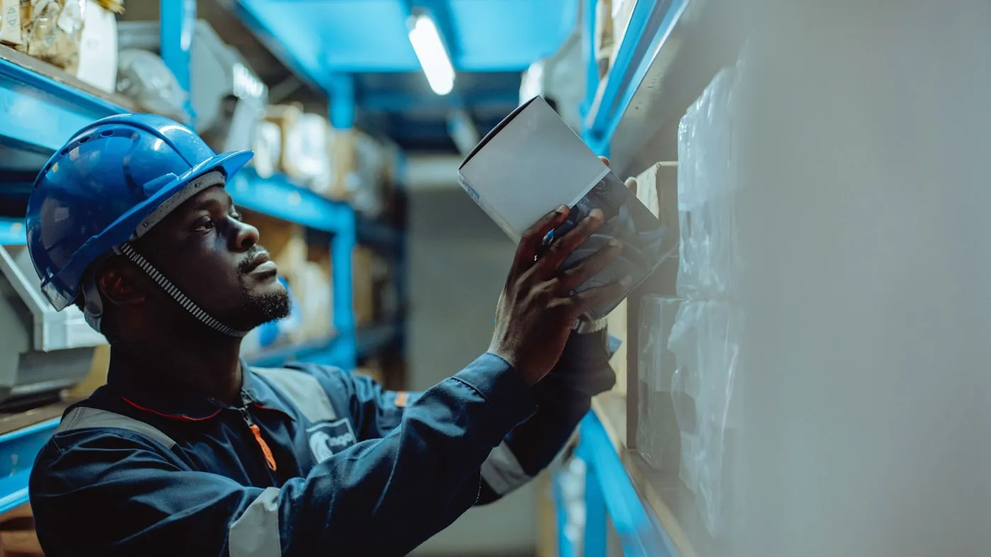 Worker in overalls holding a tablet beside industrial racking