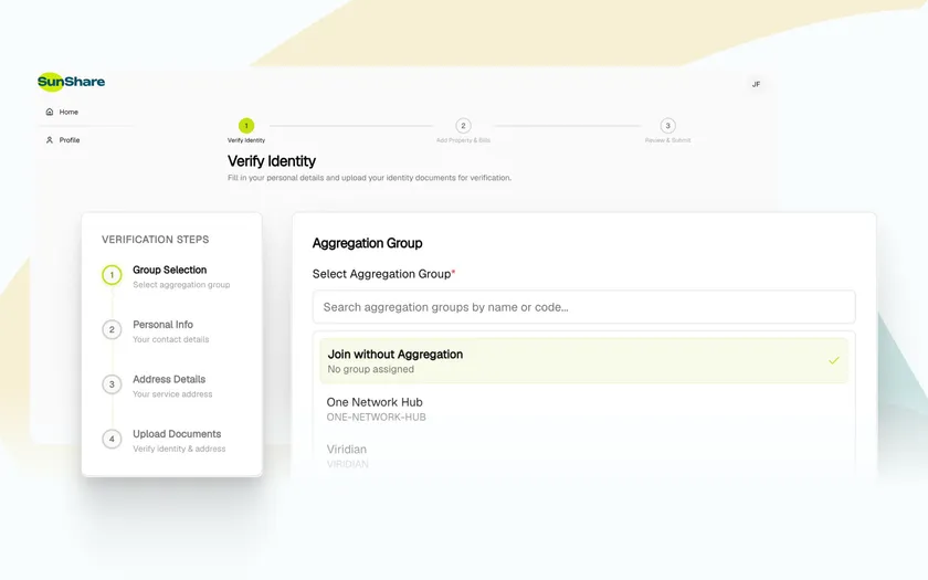 SunShare's member onboarding: a four-step verification checklist beside an aggregation group picker, with the option to join without a group.
