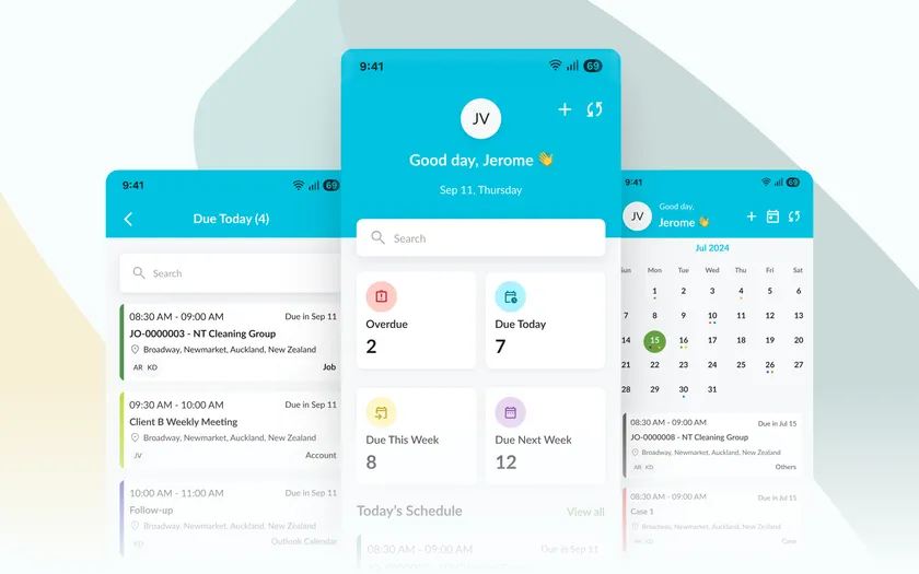 Workvue Go on three phone screens: a home screen counting overdue and upcoming work, a list of jobs due today with their sites, and a month calendar.