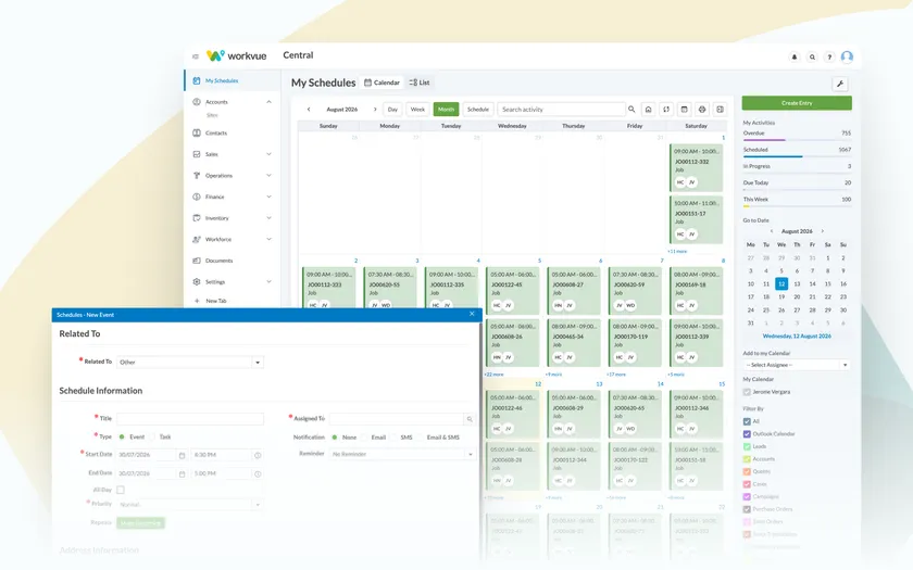 The Workvue Central month schedule board, with a new schedule entry form open over it and an activity summary and filter rail alongside.