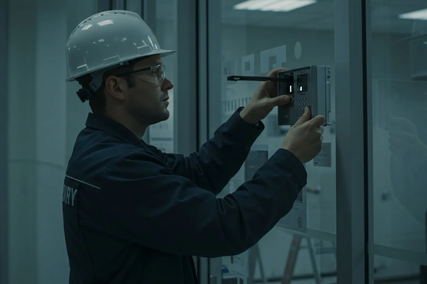 Technician in a hard hat servicing a wall-mounted building access panel