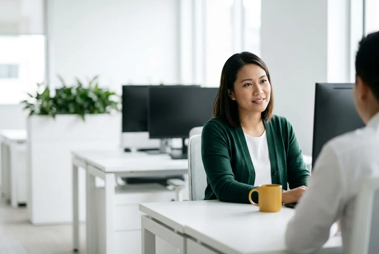 Application support lead at work in a bright open-plan office