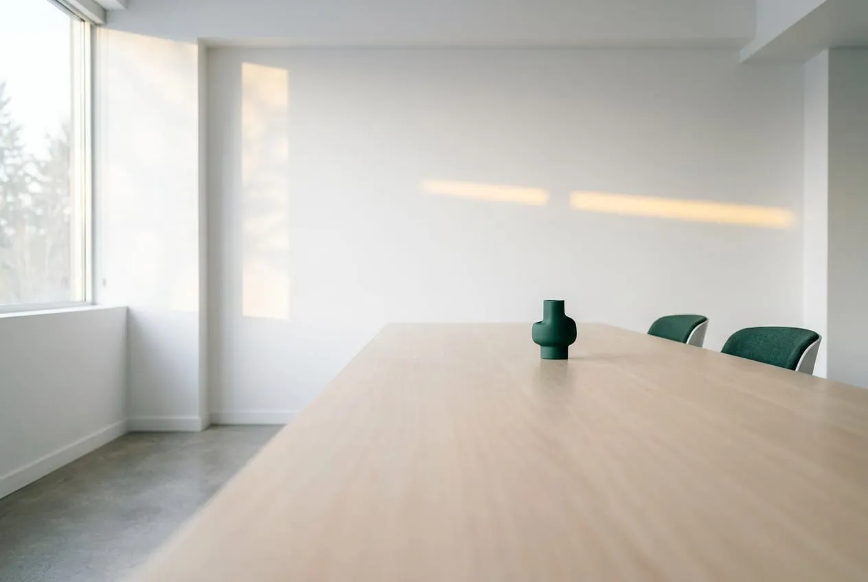Dawn light falling across a white wall above an empty meeting table