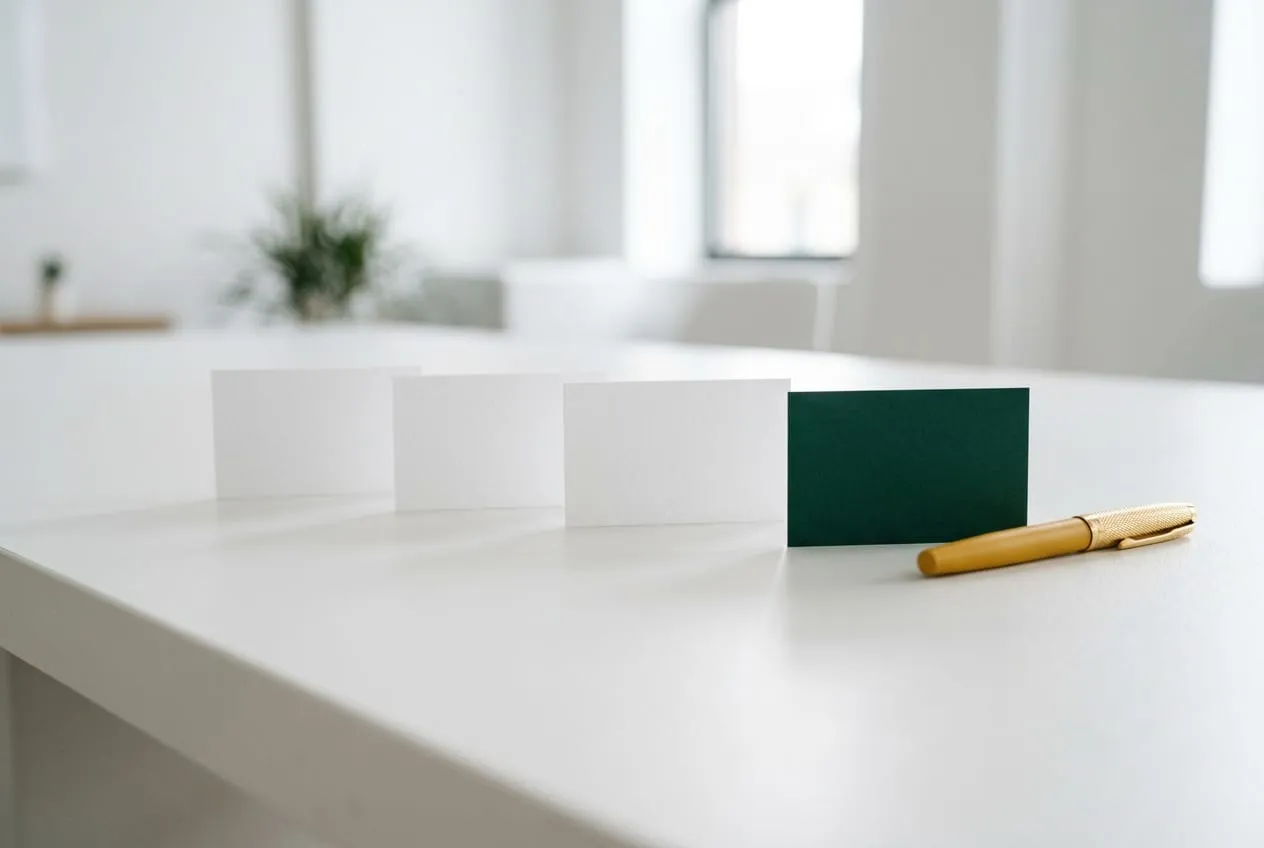Four blank cards laid out in sequence on a white table, the fourth in deep green