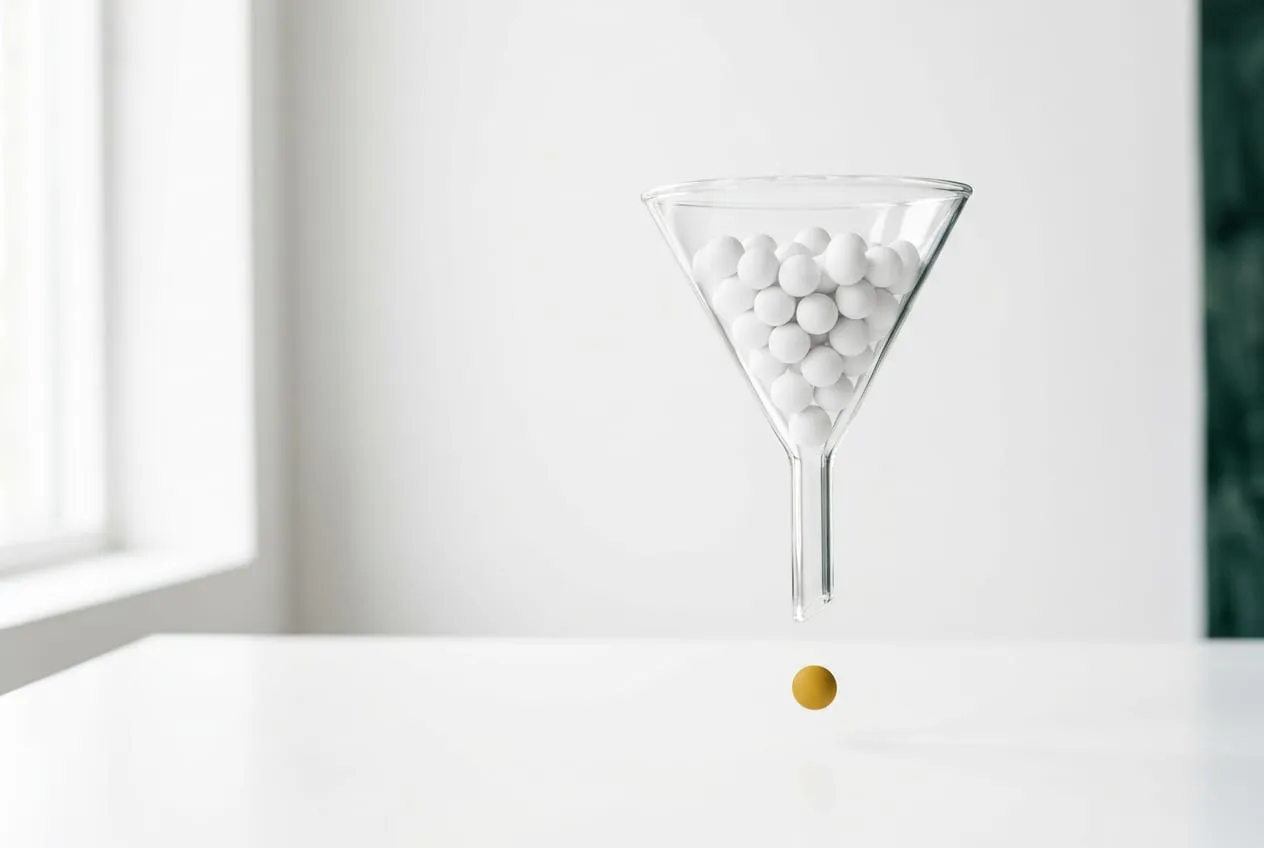 White spheres backed up at the neck of a funnel, one gold sphere passing through