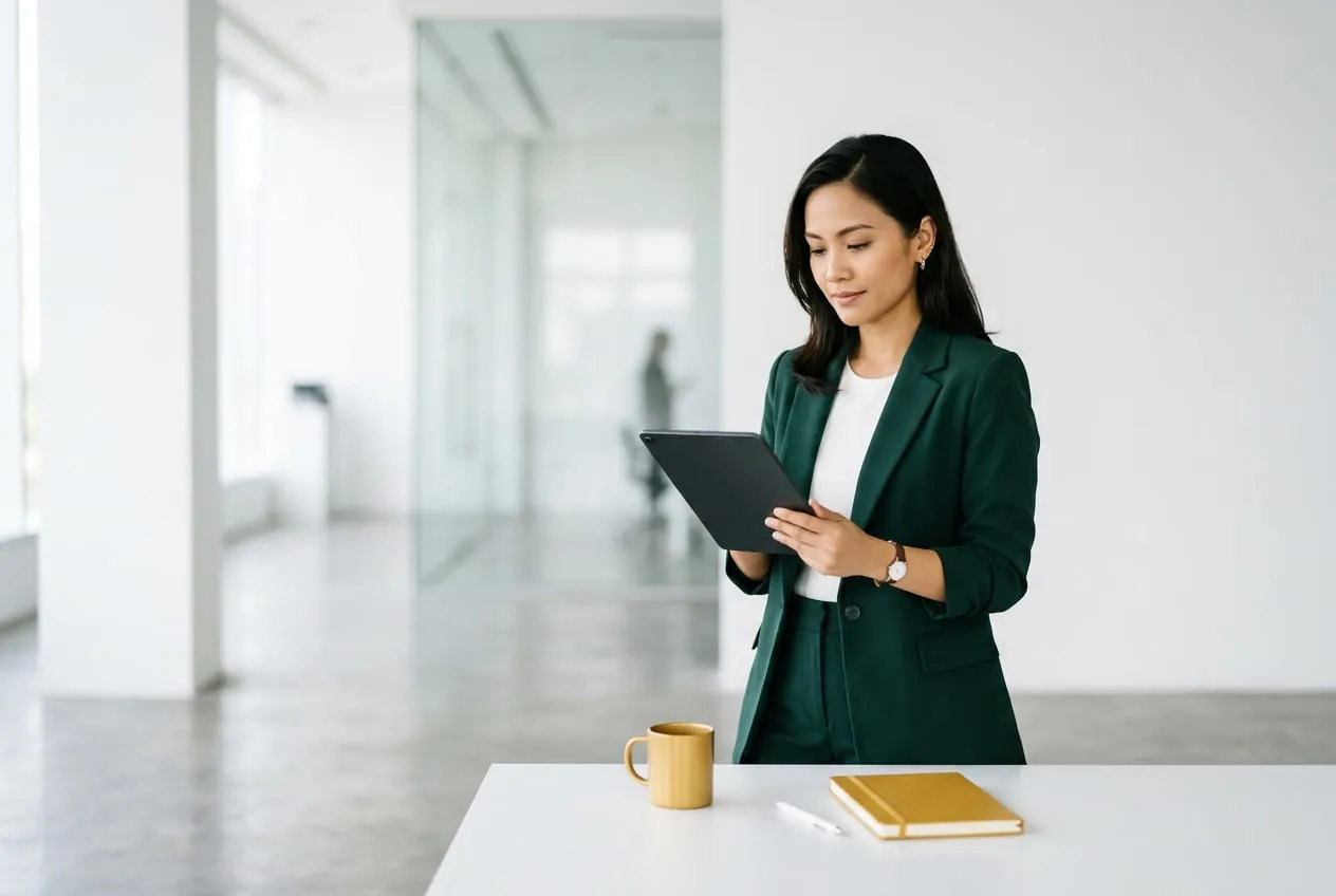 Risk manager reviewing continuity evidence on a tablet in a bright bank office