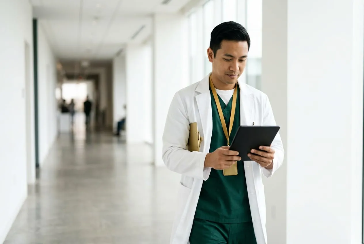 Hospital operations manager checking a tablet while walking a bright clinical corridor