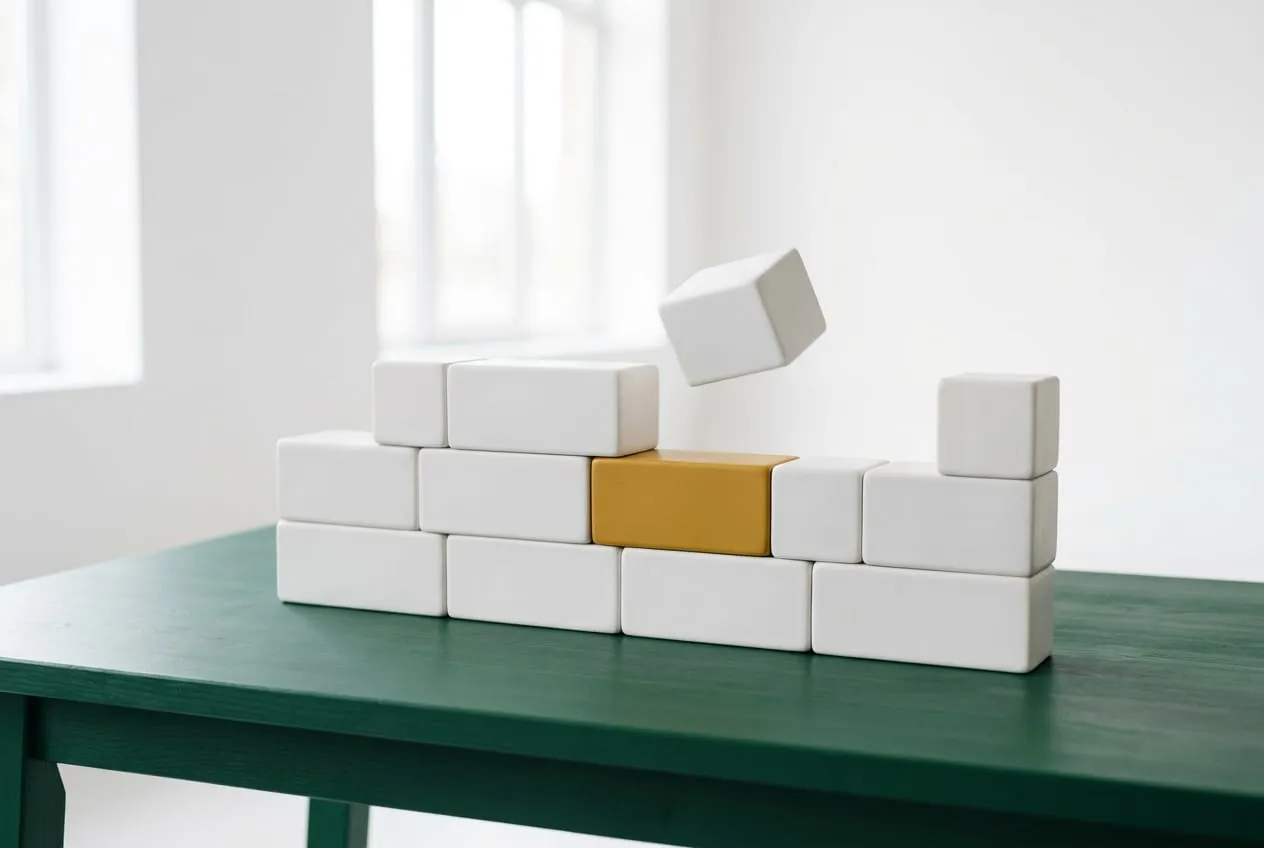 White modular blocks stacked in sequence on a deep green surface, one block gold
