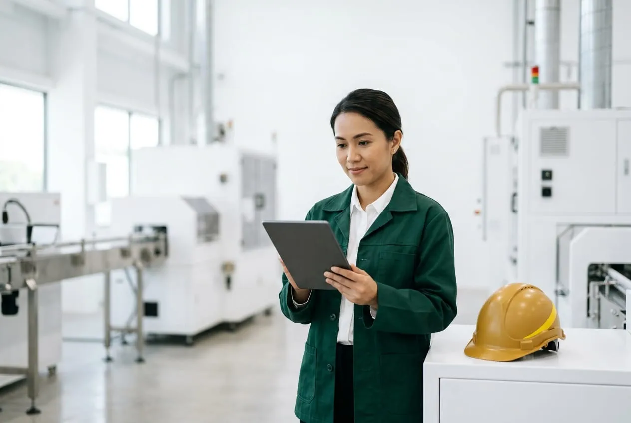 Plant operations manager reviewing a tablet on a bright clean-room factory floor