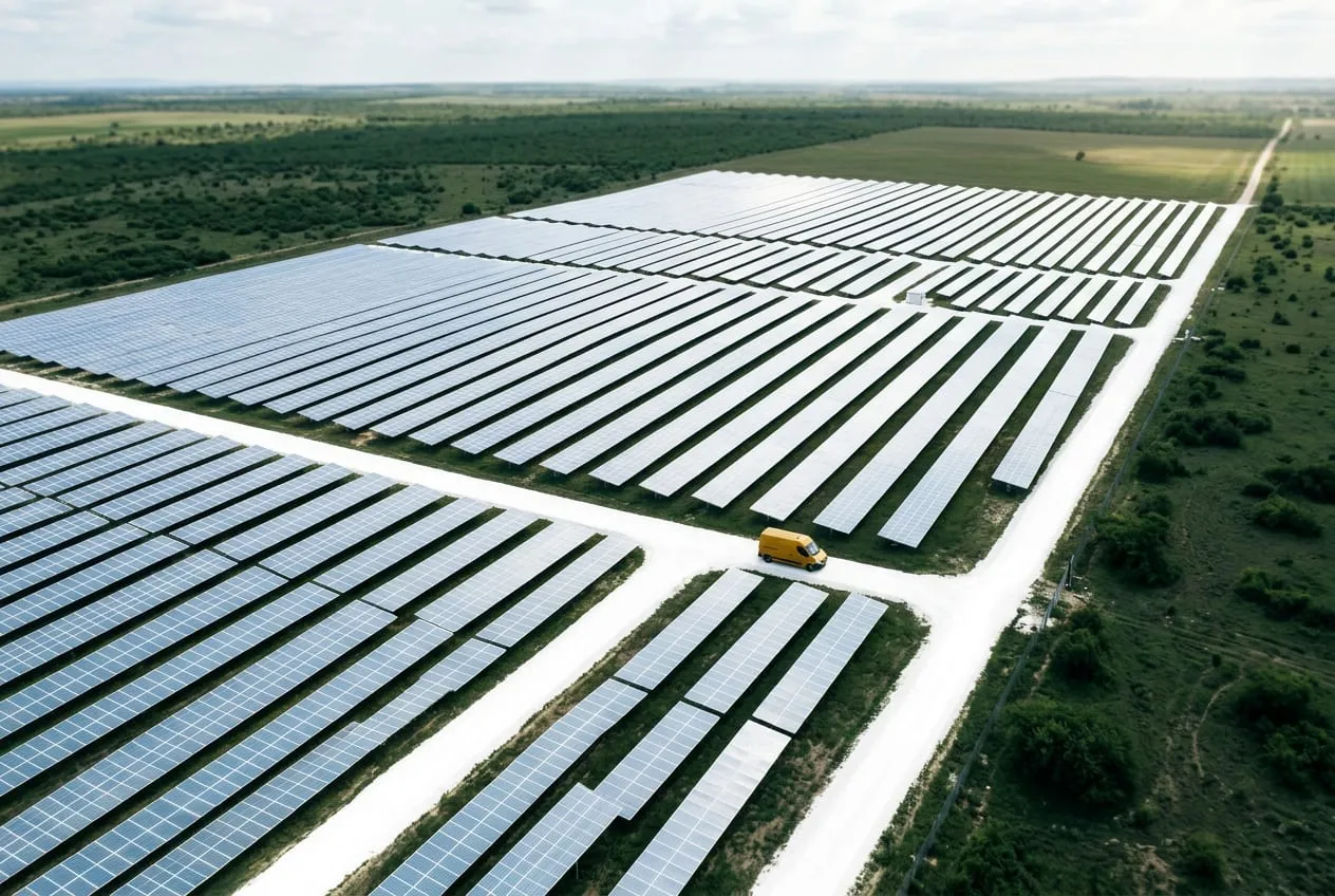 Aerial view of a solar array in clean parallel rows with one gold service vehicle