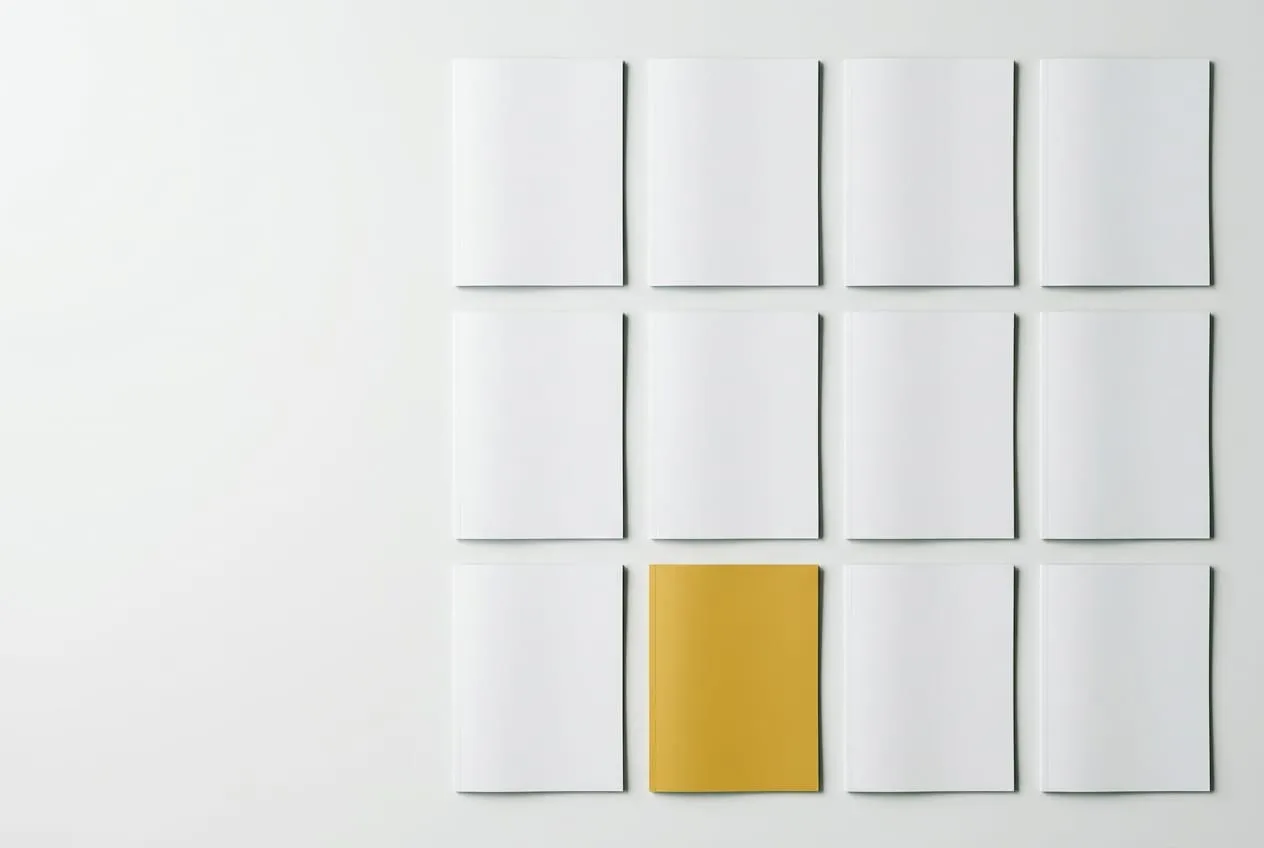 Twelve blank document folders in a grid, one of them gold