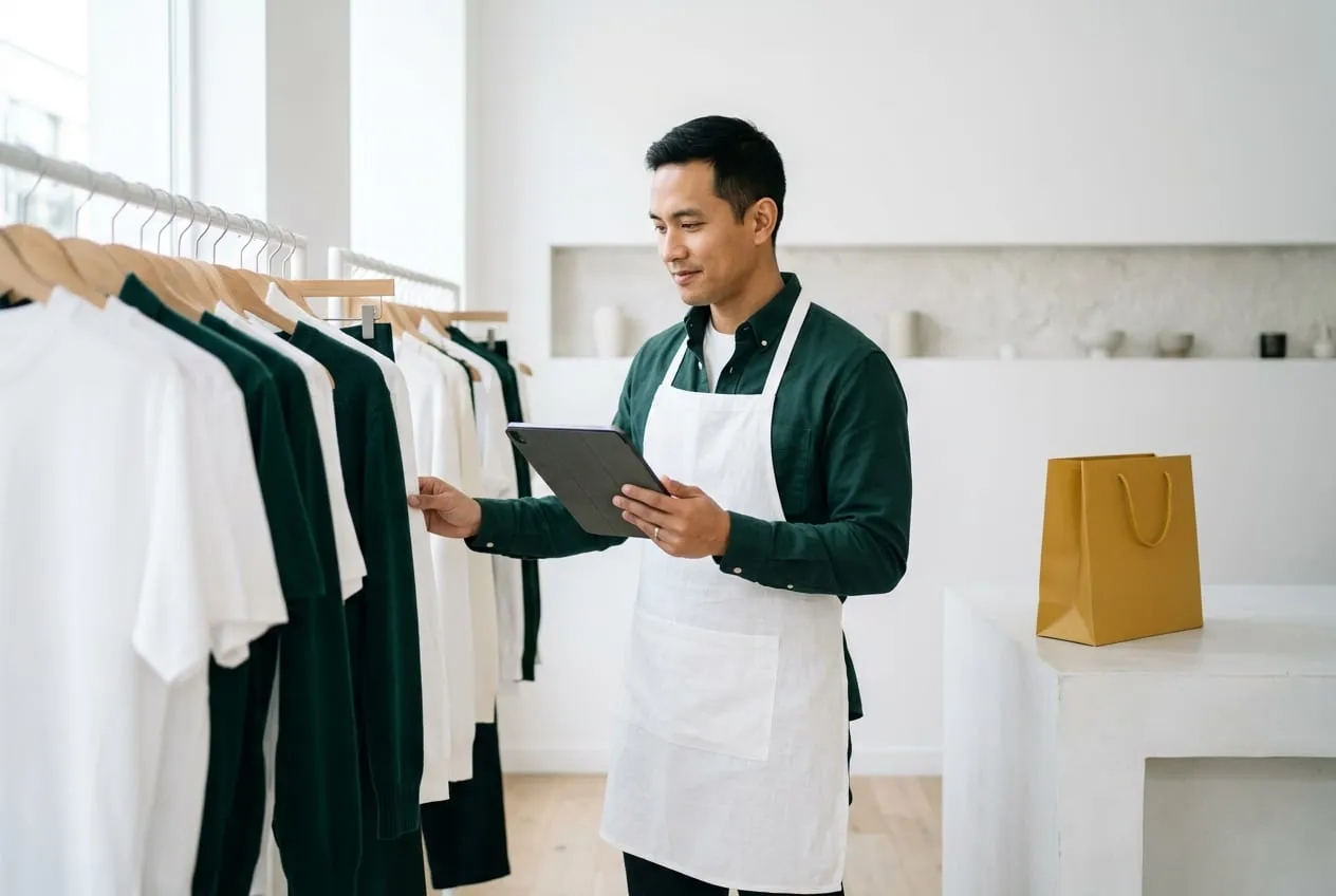 Store manager checking stock on a tablet beside a neat rail of garments