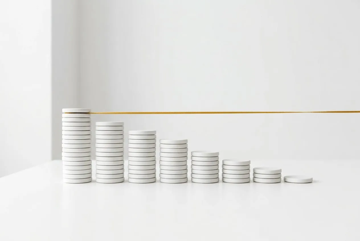 Descending stacks of white discs with a straight gold thread drifting above them