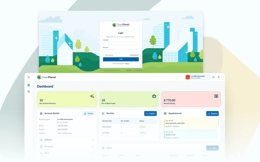 A customer-branded portal: the client's own sign-in screen above the account dashboard a signed-in user lands on.