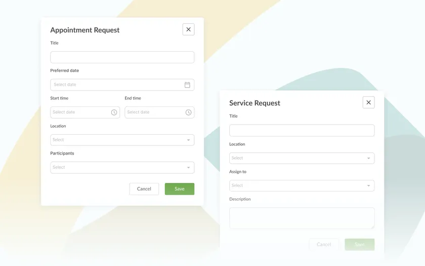 Two portal self-service forms — an appointment request and a service request — each collecting a title, location and the people involved.